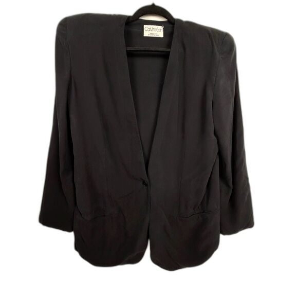 Calvin Klein Collection Vtg Collarless Blazer Womens Black 100% silk Made in USA - Picture 1 of 7